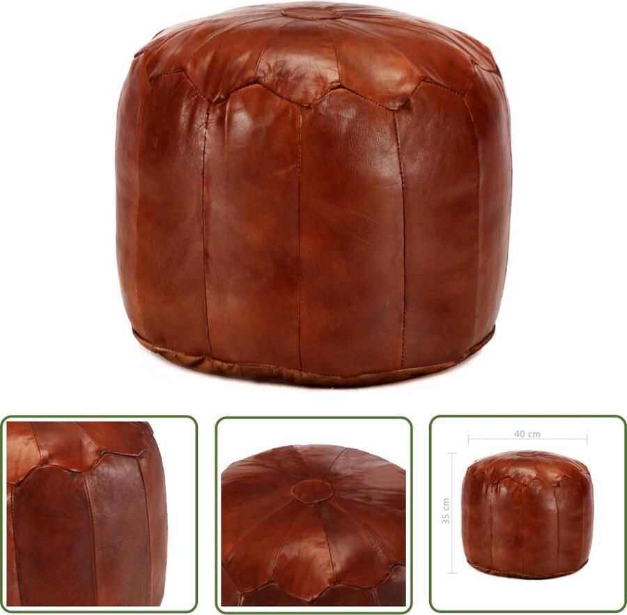 The Living Store Poef Geitenleren Vintage 40 x 35 cm Handgemaakt Poef Vintage Poef Lederen Poef Geitenleder Salontafel