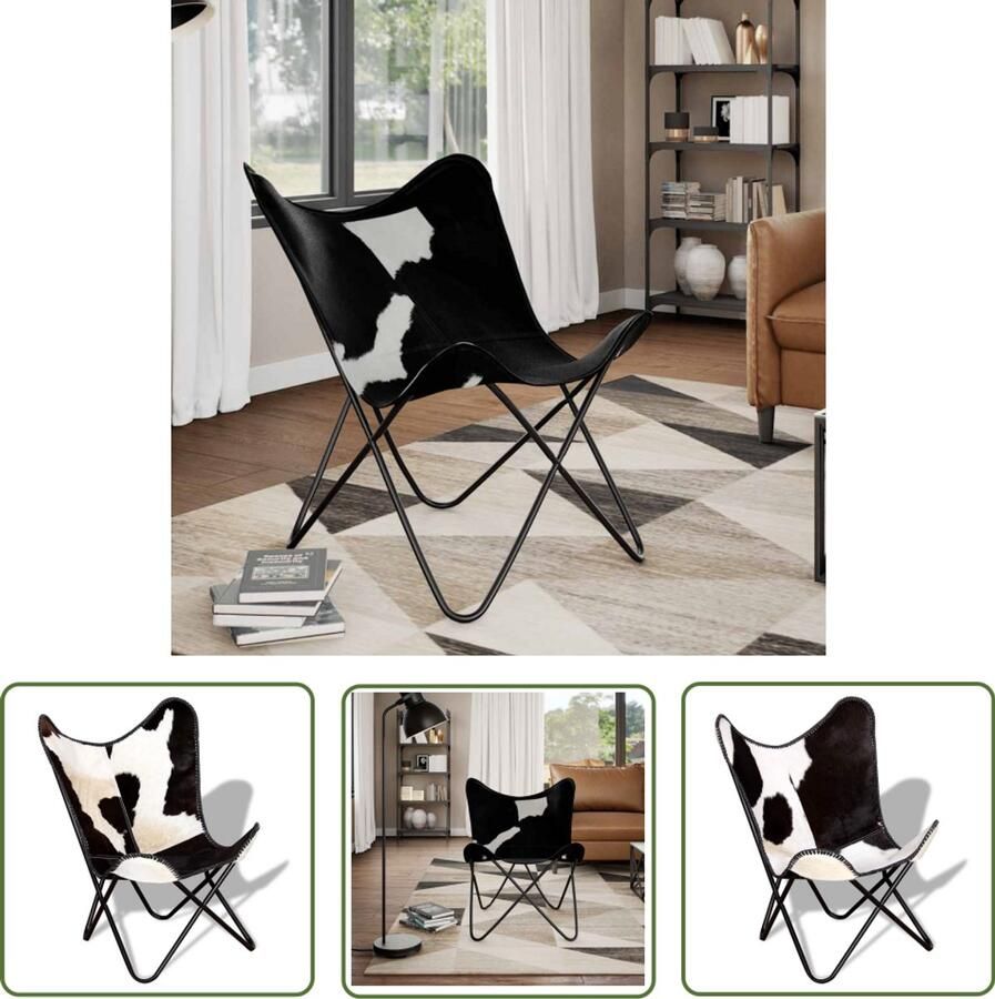 The Living Store Vlinderstoel Vintage- Leer Zwart Wit 74 x 66 x 90 cm Handgemaakt Gepoedercoat Vlinderstoel Vintage Stoel Lederen Stoel Lounge Stoel Relaxfauteuil