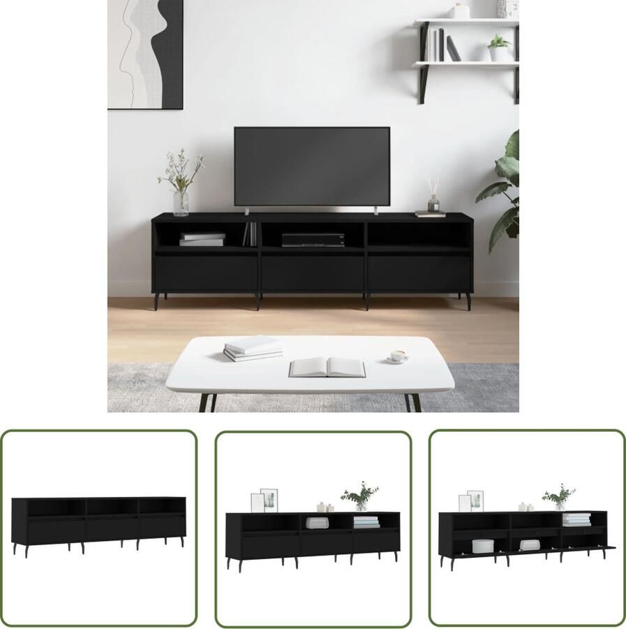 The Living Store TV-meubel Vintage TV-meubels 150 x 30 x 44.5 cm Stabiel tafelblad TV-meubel Vintage Tv-meubel Houten Tv-meubel Zwart Tv-meubel Tv Kast - Foto 2