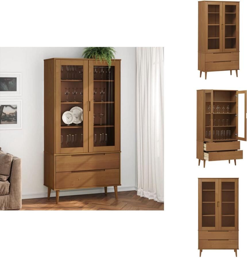 VidaXL Vitrine Vitrines Opbergkast Kast Vitrinekast MOLDE 90x35x175 cm massief grenenhout bruin