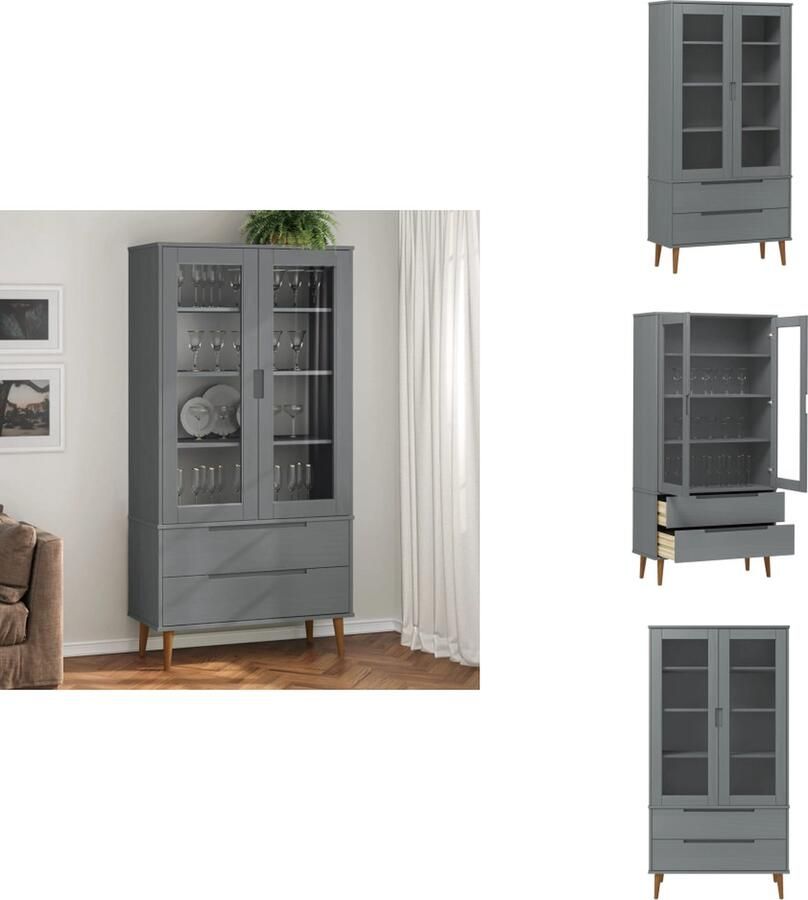VidaXL Vitrine Vitrines Opbergkast Kast Vitrinekast MOLDE 90x35x175 cm massief grenenhout grijs