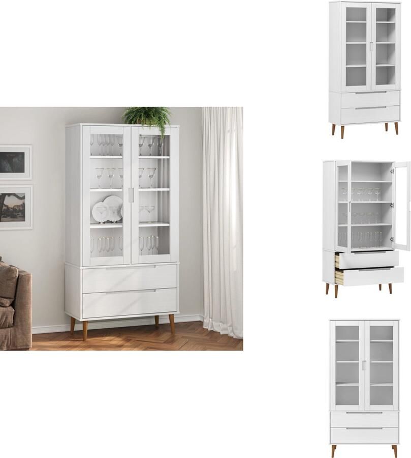 VidaXL Vitrine Vitrines Opbergkast Kast Vitrinekast MOLDE 90x35x175 cm massief grenenhout wit