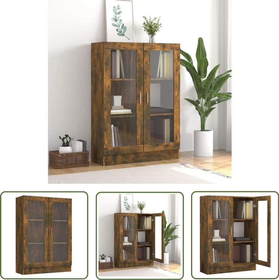The Living Store Vitrinekast Gerookt eiken hout 82.5 x 30.5 x 115 cm Met 3 vakken en 2 glazen deuren Vitrinekast Houten Vitrinekast Eiken Vitrinekast Vintage Vitrinekast Displaykast - Foto 2