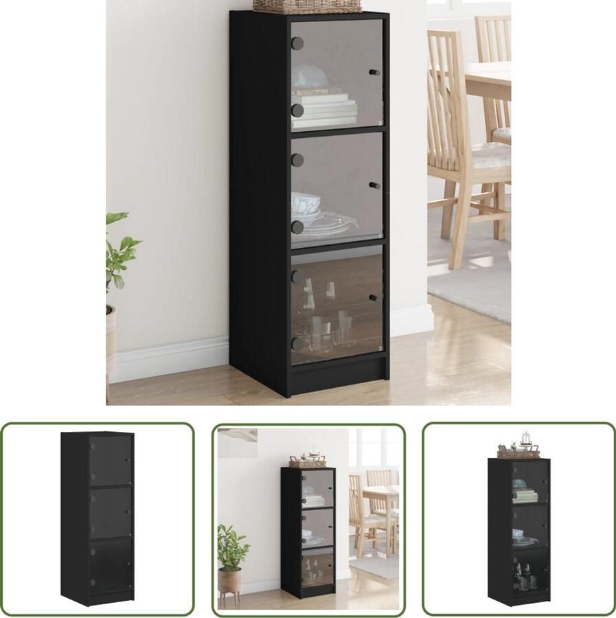 The Living Store Hoge kast met glazen deuren 35x37x109 cm zwart Hoge Kast Houten Kast Vitrinekast Opbergkast Kast Met Glazen Deuren