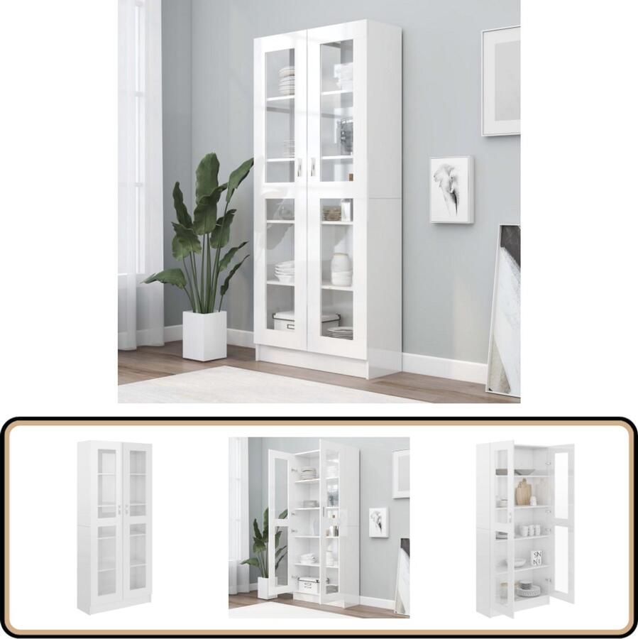 VidaXL Vitrinekast Hoogglans Wit 82 5x30 5x185 5 cm Boekenkast Vitrines Houten Kast Bibliotheek Opbergkast Livingroom Furniture Saloninrichting Modern Design Hoge Kwaliteit