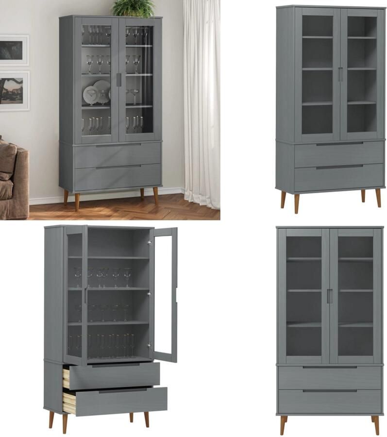 VidaXL Vitrinekast MOLDE 90x35x175 cm massief grenenhout grijs Vitrine Vitrines Opbergkast Kast