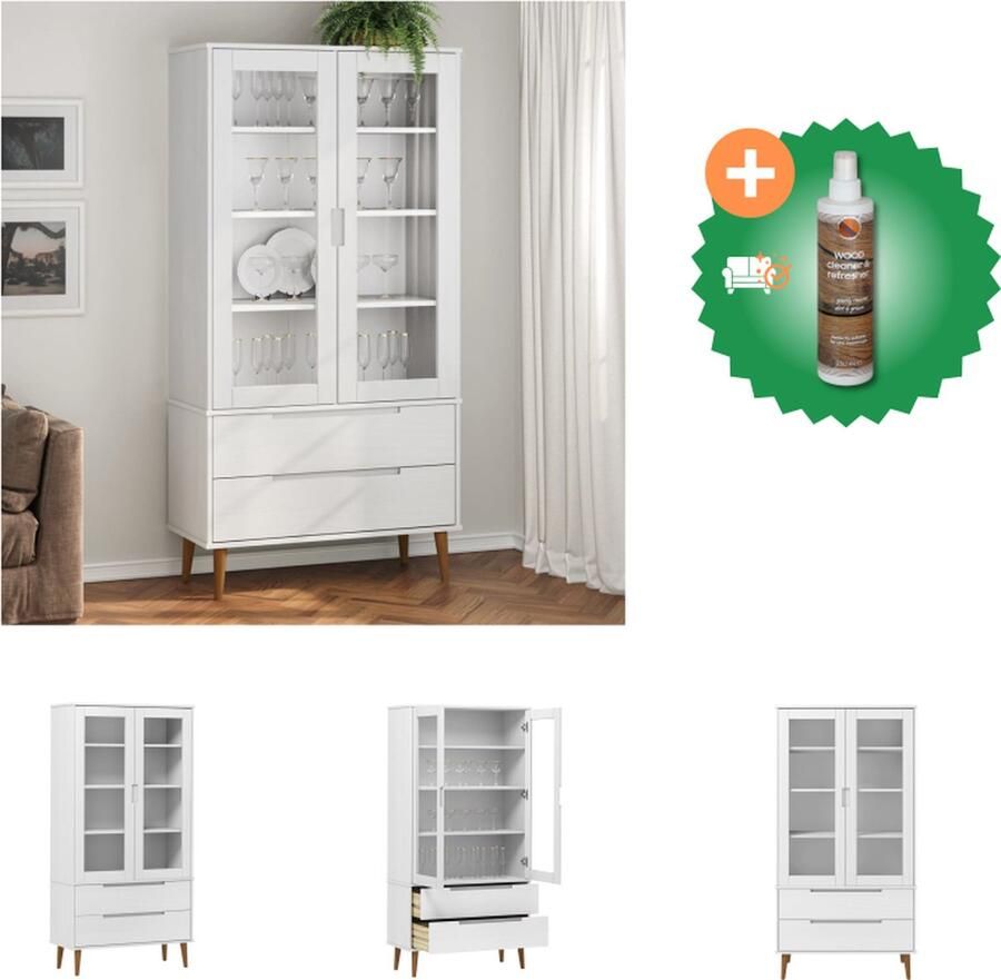 VidaXL Vitrinekast MOLDE 90x35x175 cm massief grenenhout wit Kast Inclusief Houtreiniger en verfrisser