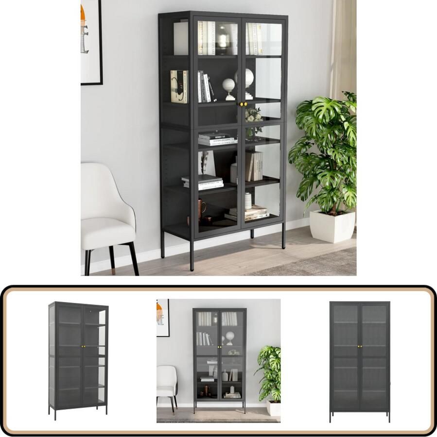 The Living Store Vitrinekast 90x40x180 cm staal en gehard glas antracietkleurig Vitrinekast Displaycase Staal Vitrines Glazen Vitrinekast Opslagkast - Foto 2