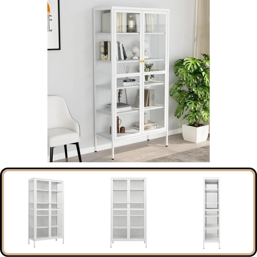 VidaXL Vitrinekast Staal en glas Wit 90x40x180 cm Vitrinekast Vitrines Displaycase Staalmeubel Glazen Meubel