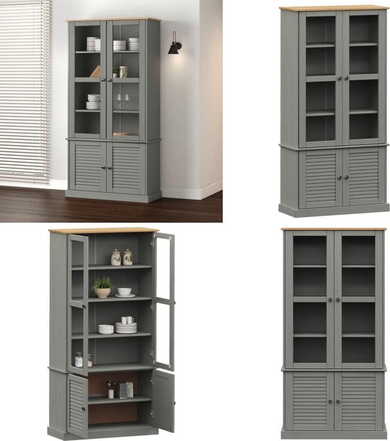 VidaXL Vitrinekast VIGO 85x35x170 cm massief grenenhout grijs Vitrinekast Vitrinekasten Kast Met Glazen Deuren Plankenkast