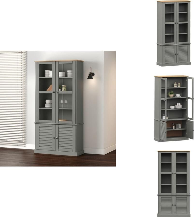 VidaXL Vitrinekast Vitrinekasten Kast Met Glazen Deuren Plankenkast Vitrinekast VIGO 85x35x170 cm massief grenenhout grijs