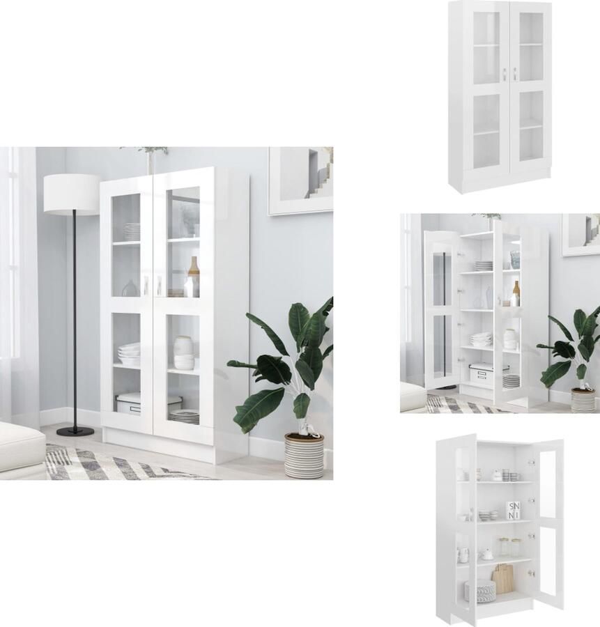 The Living Store Vitrinekast Hoogglans wit 82.5 x 30.5 x 150 cm 4 vakken 2 deuren Vitrinekast Boekenkast Witte Kast Houten Kast Opslagruimte - Foto 2