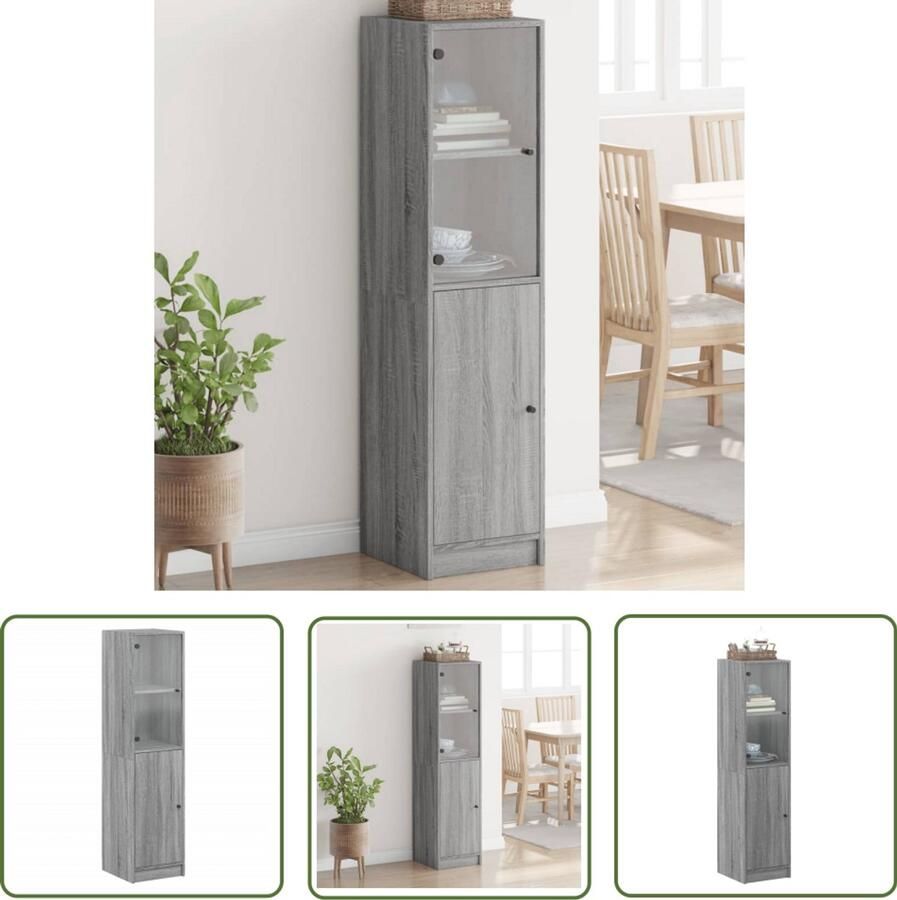 The Living Store Hoge kast met glazen deur 35x37x142 cm grijs sonoma eikenkleur Hoge Kast Houten Kast Opbergkast Vitrinekast Slaapkamerkasten