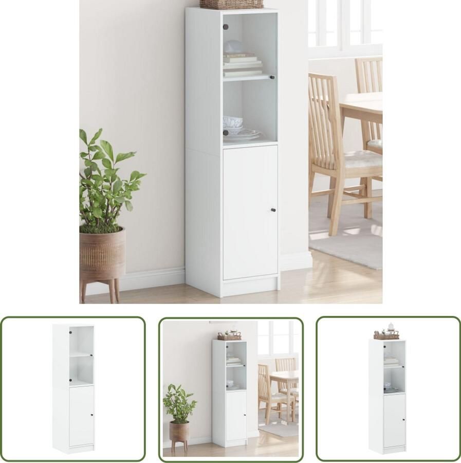 The Living Store Hoge kast met glazen deur 35x37x142 cm wit Hoge Kast Houten Kast Vitrinekast Opbergkast Slaapkamermeubel