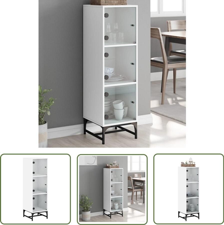 VidaXL Vitrineskast Hoge Kast Hoge kast met glazen deuren 35x37x120 cm wit Houten Kast Opbergkast Designkast