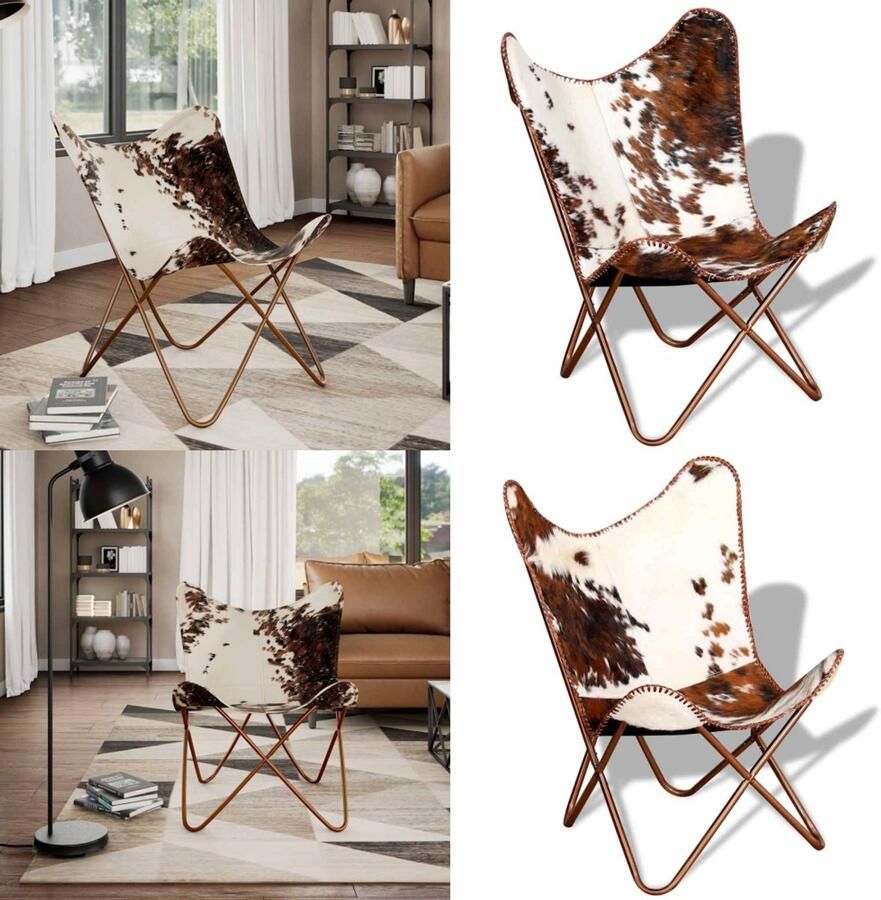 VidaXL Vlinderstoel echt rundleer bruin en wit Vlinderstoel Vlinderstoelen Fauteuil Fauteuils