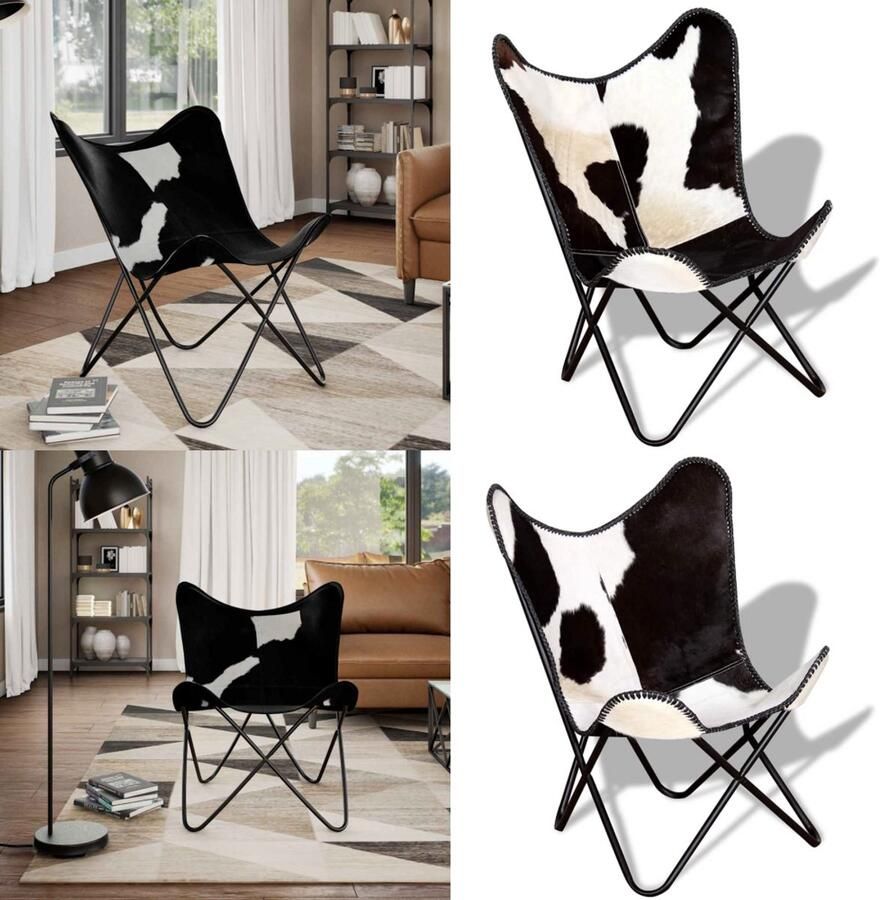 VidaXL Vlinderstoel echt rundleer zwart en wit Vlinderstoel Vlinderstoelen Fauteuil Fauteuils