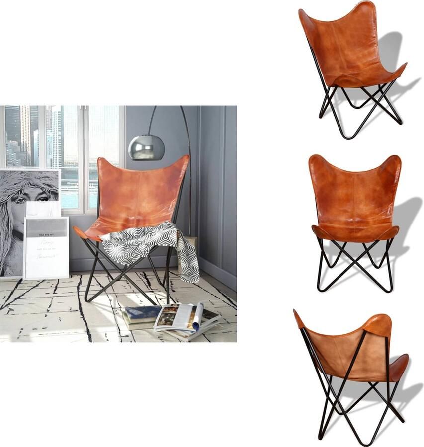 VidaXL Vlinderstoel Vlinderstoelen Fauteuil Fauteuils Vlinderstoel echt leer bruin