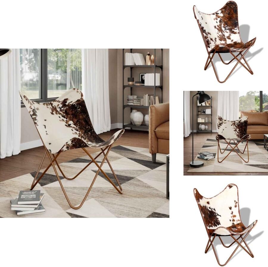 VidaXL Vlinderstoel Vlinderstoelen Fauteuil Fauteuils Vlinderstoel echt rundleer bruin en wit