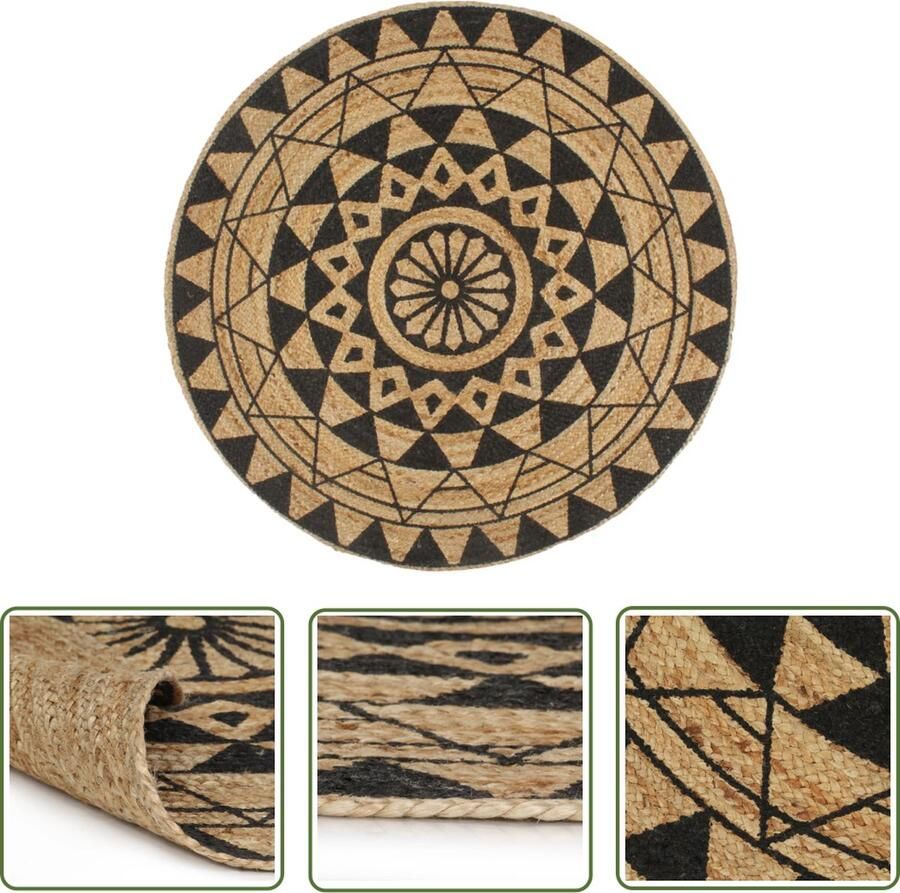 VidaXL Vloerkleed handgemaakt met zwarte print 90 cm jute Vloerkleed Vloerkleden Rond Tapijt Natuurlijke Materialen Handgemaakte en