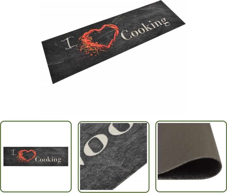 The Living Store Keukenmat wasbaar cooking-print 45x150 cm fluweel zwart Keukenmat Vloerkleden Antislip Mat Keukenvloer Zwarte Keukenmat