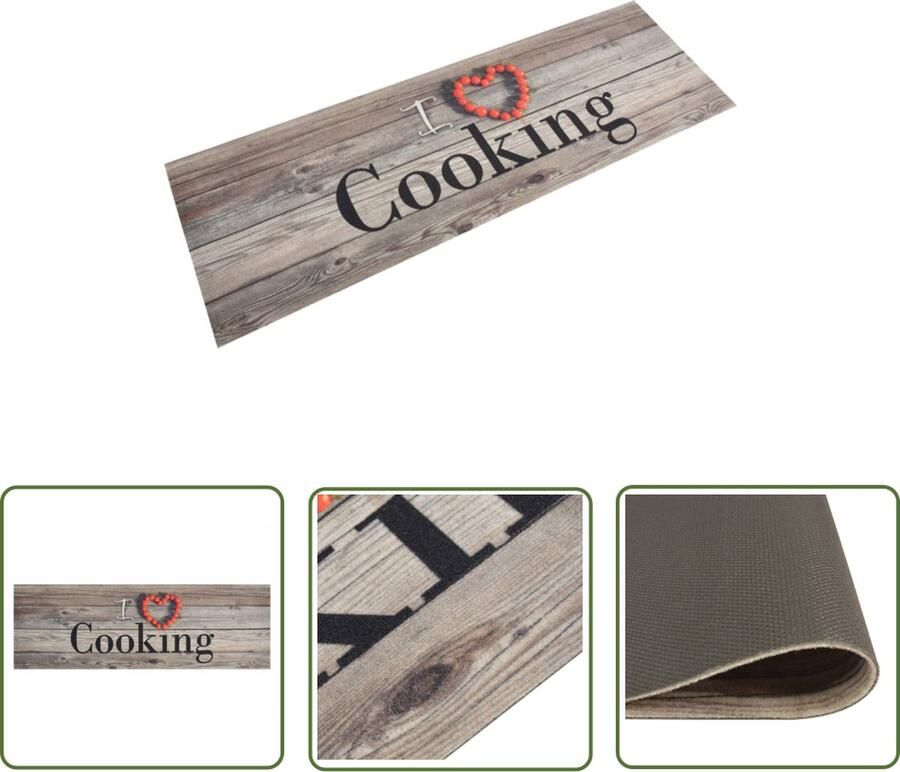 The Living Store Keukenmat Cookingprint Grijs 180 x 60 cm Fluweel Latex 5 mm Keukenmat Vloerkleden Keukentapijt Antislip Mat Latex Mat