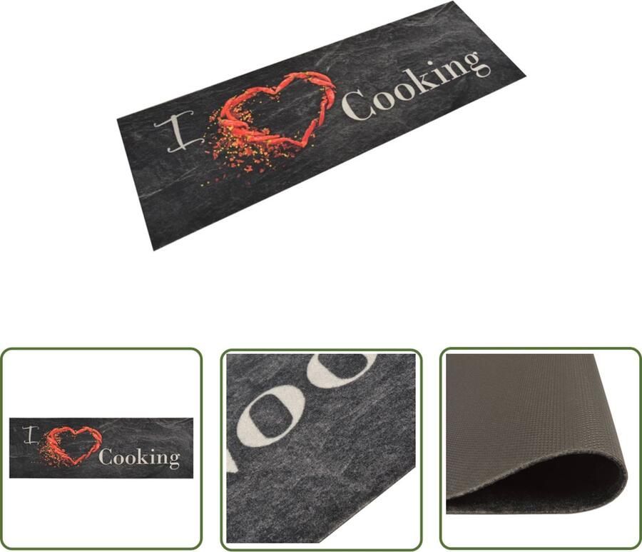 The Living Store Keukenmat Cookingprint Zwart 180 x 60 cm Duurzaam materiaal Wasmachinebestendig Op te rollen Geschikt voor binnen en buiten Keukenmat Vloerkleden Keukentapijt Kooktapijten Rubber Tapijt