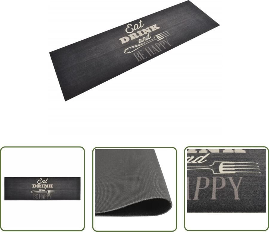 The Living Store Keukenmat wasbaar keukenprint 60x180 cm fluweel zwart Keukenmat Vloerkleden Keukentapijt Antislip Mat Zwarte Keukenprint