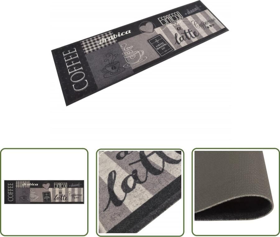 The Living Store Keukenmat wasbaar koffieprint 45x150 cm fluweel zwart Keukenmat Vloerkleden Keukentapijt Antislip Mat Fluweel