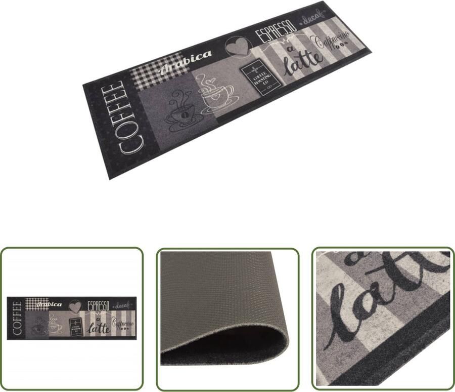 The Living Store Keukenmat Koffieprint zwart 180 x 60 cm Duurzaam Machinewasbaar Keukenmat Vloerkleden Zwarte Keukenmat Koffiedruk Mat Duurzame Keukenmat