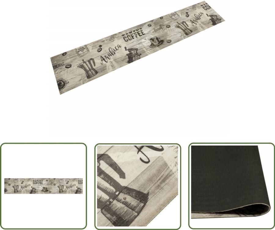 The Living Store Keukenmat wasbaar koffieprint 60x300 cm fluweel grijs Keukenmat Vloerkleden Anti-slip Matten Keukendecoratie Fluweel Mat