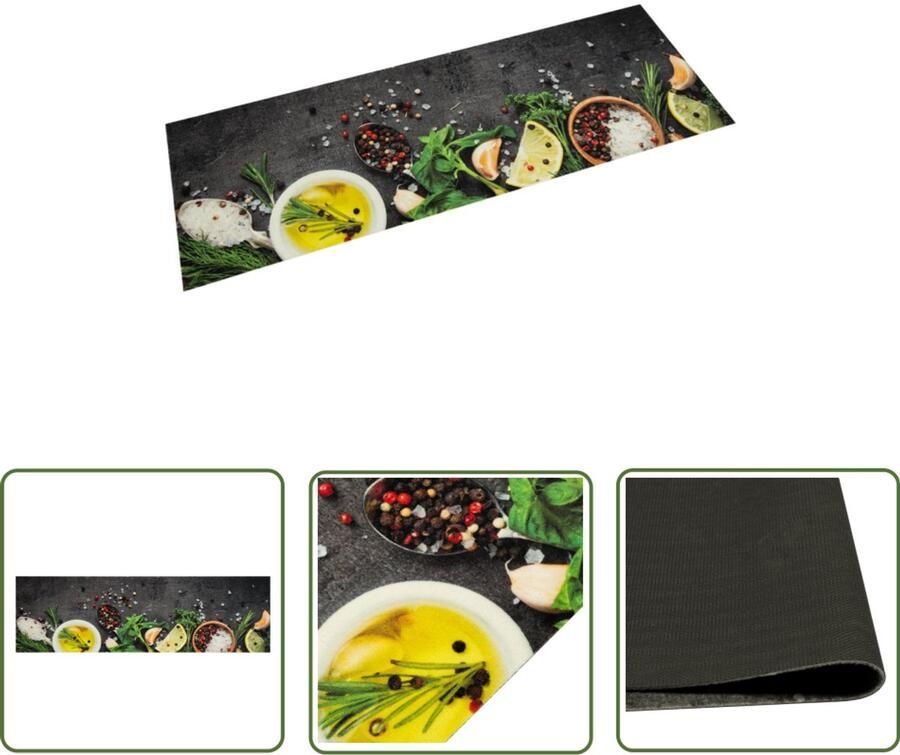 The Living Store Keukenmat wasbaar kruidenprint 45x150 cm fluweel Keukenmat Vloerkleden Anti-slip Matten Kruiden Print Fluweel