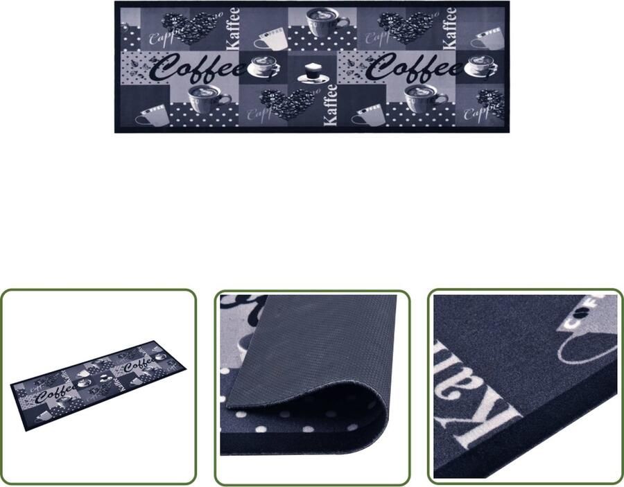 The Living Store Vloermat Blauwe Koffieprint 180 x 60 cm Anti-slip latex Wasbaar in machine Vloerverwarming Vloerkleden Deurmat Keukenmat Badkamermat