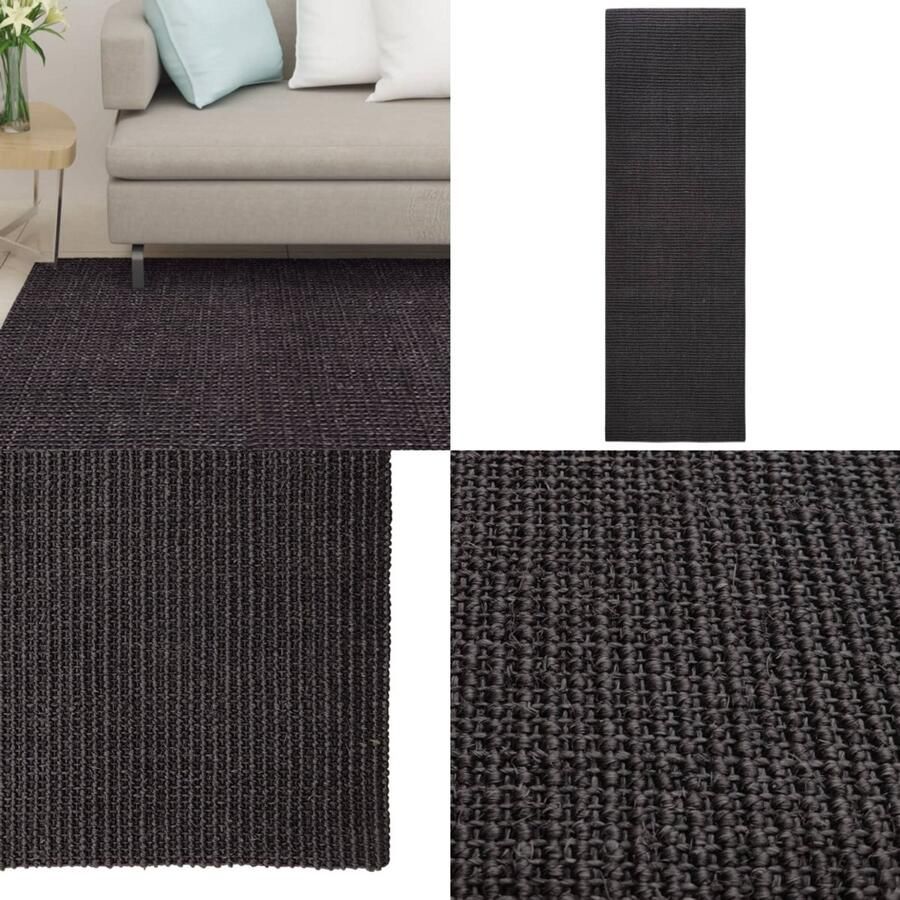 VidaXL Vloerkleed 80x250 cm natuurlijk sisal zwart Vloerkleed Vloerkleden Kleed Tapijt