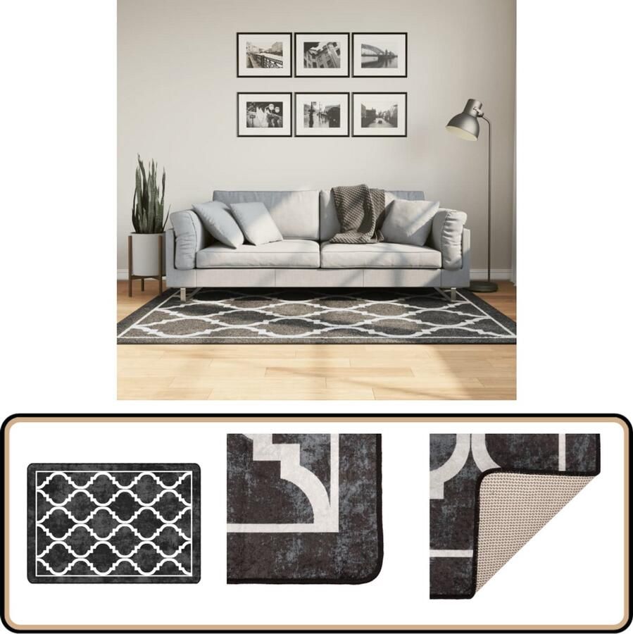 VidaXL Vloerkleed Anti-slip 120x180 cm Zwart en Wit Vloerkleden Tapijten Zwarte Vloerkleden Witte Vloerkleden Design Vloerkleden