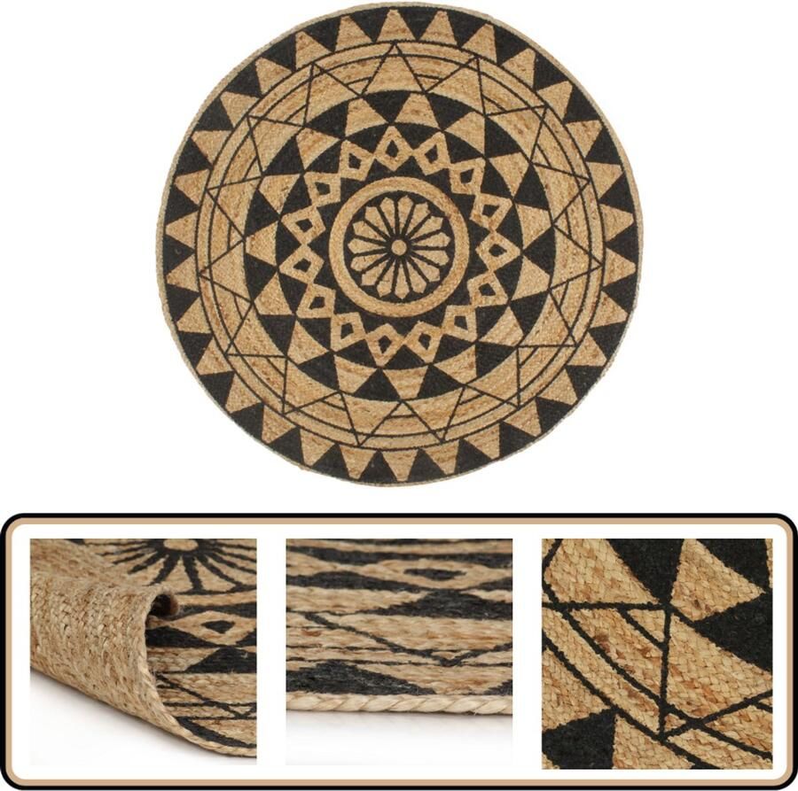 VidaXL Vloerkleed Handgemaakt Jute 150 cm Zwart Vloerkleden Jute Tapijt Rond Tapijt Modern Tapijt Natuurtapijt
