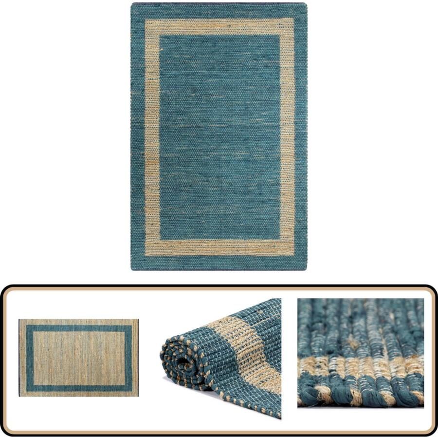 VidaXL Vloerkleed Handgemaakt Jute 160x230 cm Jute Tapijt Handgemaakt Tapijt Natuurtapijt Vloerkleed Blauw Vloerkleed Groot