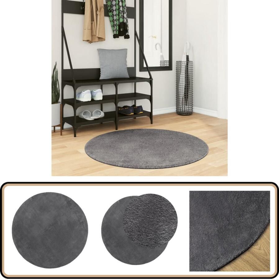 The Living Store Vloerkleed HUARTE laagpolig zacht wasbaar Ø 100 cm antraciet Vloerkleed Huiskleed Tapijt Antraciet Kleurtje Ronde Vorm