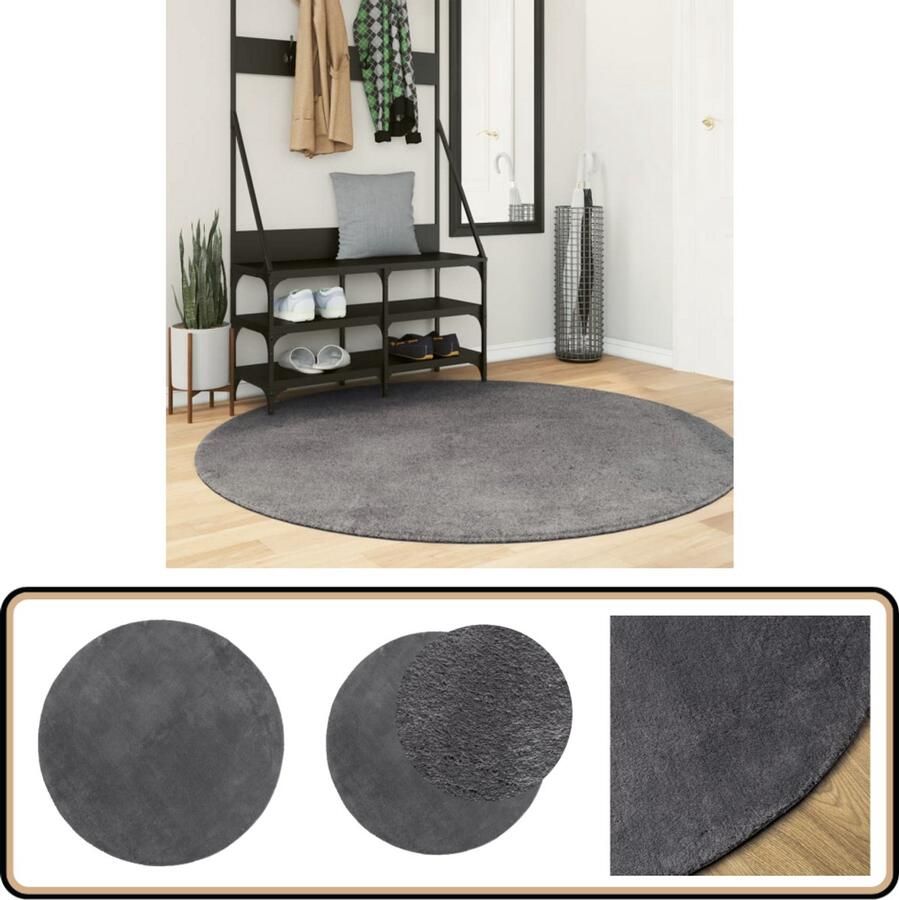 The Living Store HUARTE vloerkleed 160 cm antraciet polyester 18 mm korte pool anti-slip machinewasbaar Vloerkleed Huarte Antraciet Polyester Ronde Vloerkleed