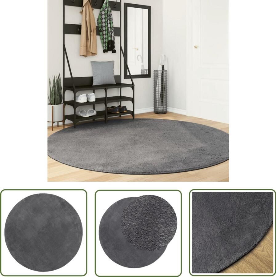 The Living Store Vloerkleed HUARTE laagpolig zacht wasbaar Ø 200 cm antraciet Vloerkleed Huiskleed Zacht Vloerkleed Rond Vloerkleed Antraciet Vloerkleed