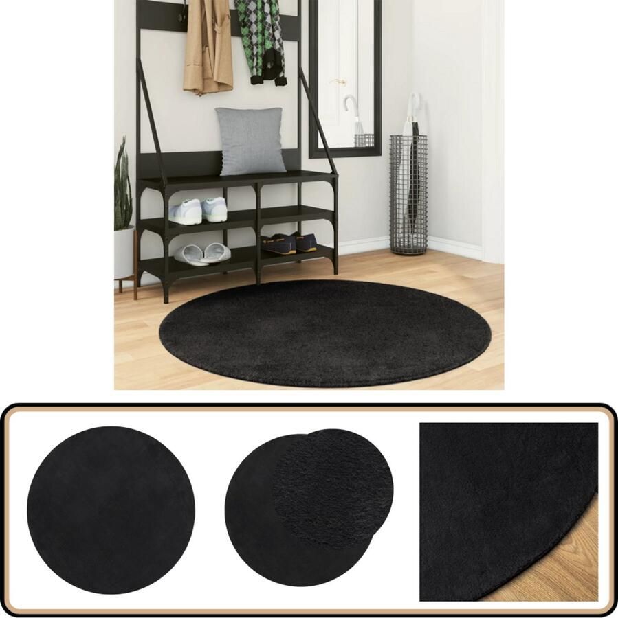 The Living Store HUARTE Vloerkleed 120 cm Zwart superzachte pluizige pool Anti-slip 18 mm 100% polyester Vloerkleed Rond Tapijt Zacht Vloerkleed Anti Slip Vloerkleed Polyester Vloerkleed