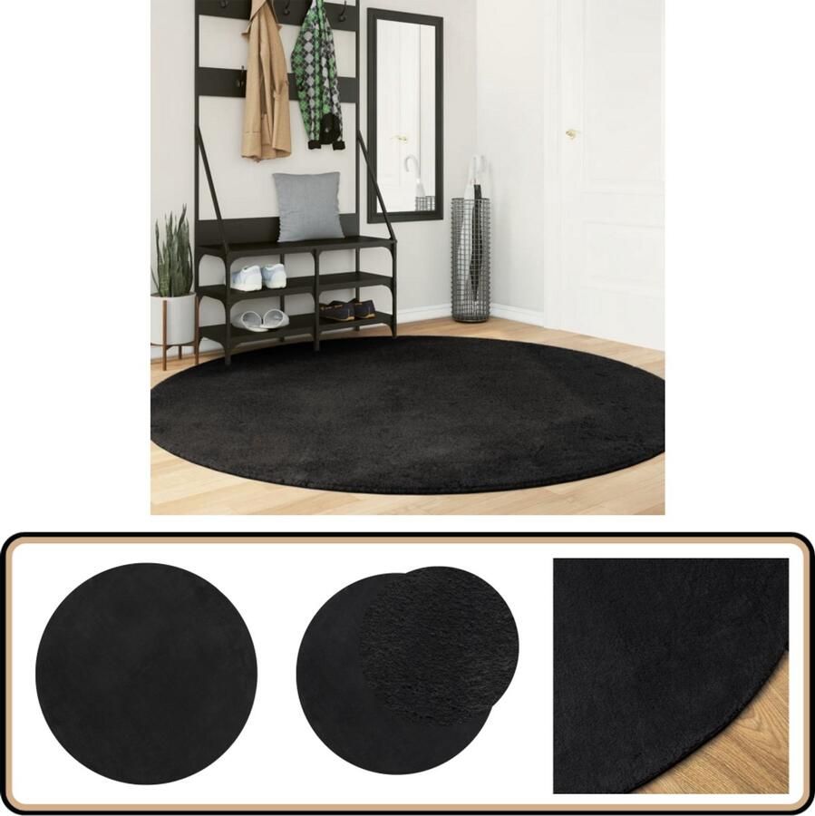 The Living Store HUARTE Vloerkleed 200 cm Zwart Polyester Superzacht en pluizig home decor Vloerkleed Zwarte Vloerkleed Rond Vloerkleed Polyester Vloerkleed Zacht Vloerkleed