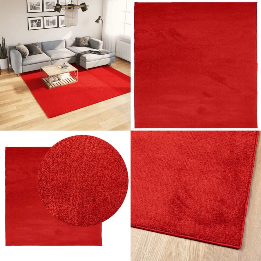 VidaXL Vloerkleed OVIEDO laagpolig 240x240 cm rood Vloerkleed Vloerkleden Tapijt Vloerbedekking