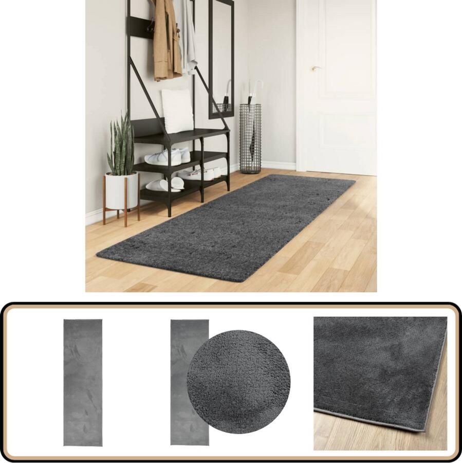 The Living Store OVIEDO Vloerkleed 80 x 250 cm Antraciet Duurzaam gemaakt van 100% polyester Superzachte textuur met 12.5 mm poolhoogte Vloerkleed Tapijt Antieke Vloerkleed Zacht Vloerkleed Modern Vloerkleed - Foto 2
