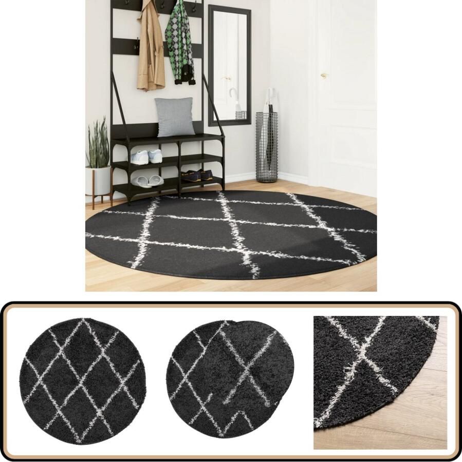 The Living Store Vloerkleed PAMPLONA shaggy hoogpolig Ø 200 cm zwart en crème Shaggy Vloerkleed Polypropyleen Vloerkleed Zwarte Vloerkleed Creme Vloerkleed Rond Vloerkleed