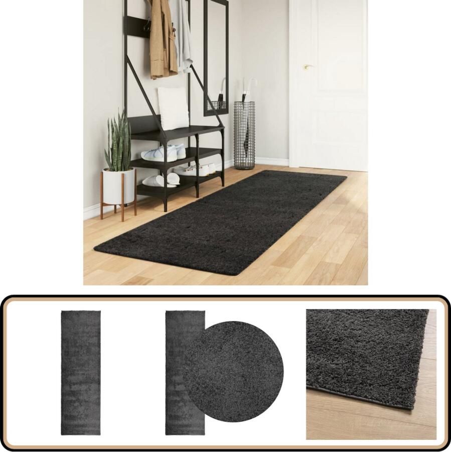The Living Store Vloerkleed PAMPLONA shaggy hoogpolig modern 80x250 cm antraciet Shaggy Vloerkleed Antraciet Vloerkleed Woonkamer Tapijt Slaapkamer Tapijt Groot Vloerkleed