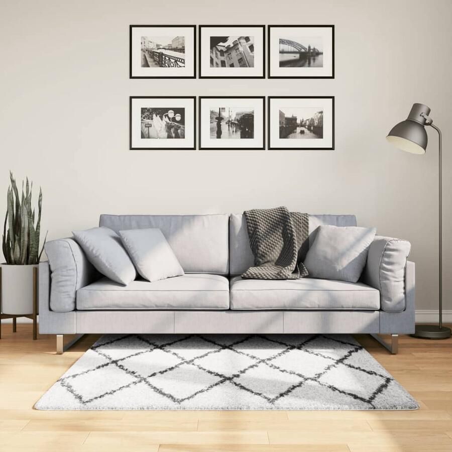 VidaXL Vloerkleed PAMPLONA Shaggy 120x170 cm Crème Zwart Shaggy Vloerkleed Polypropyleen Vloerkleed Crème Vloerkleed Zwarte Vloerkleed Woonkamer Tapijt - Foto 2