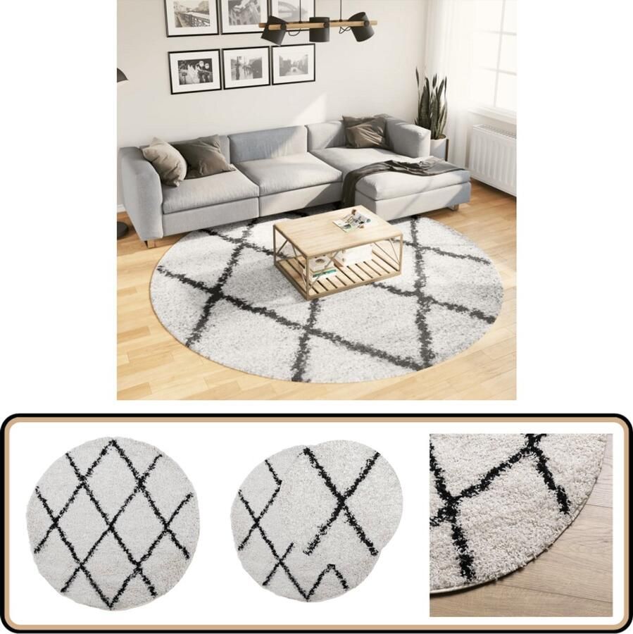 The Living Store Vloerkleed PAMPLONA shaggy hoogpolig Ø 240 cm crème en zwart Shaggy Vloerkleed Krullen Tapijt Rond Tapijt Crème Kleur