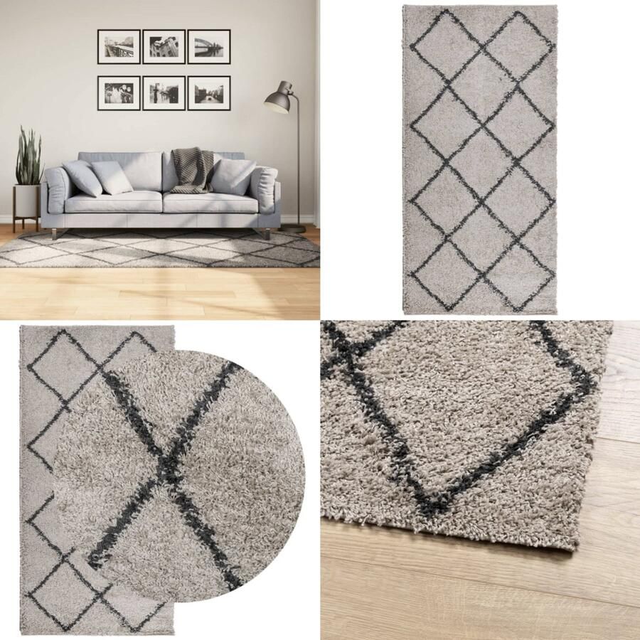 VidaXL Vloerkleed PAMPLONA shaggy hoogpolig 100x200 cm beige antraciet Vloerkleed Vloerkleden Tapijt Vloerbedekking