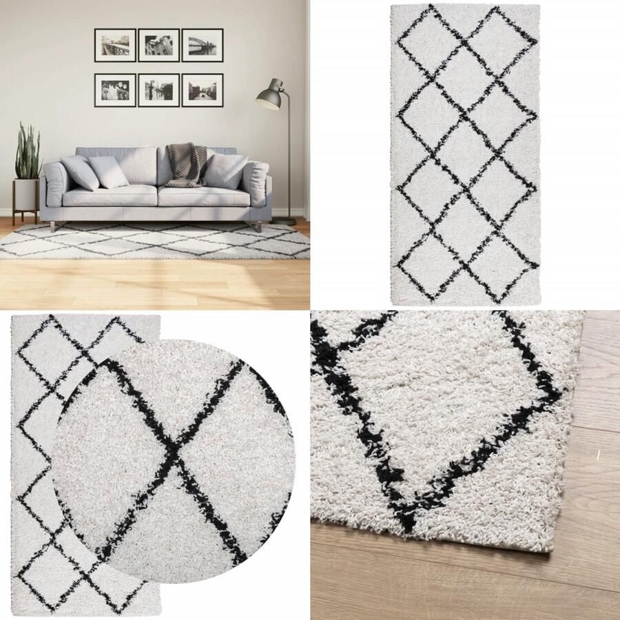 VidaXL Vloerkleed PAMPLONA shaggy hoogpolig 100x200 cm crème en zwart Vloerkleed Vloerkleden Tapijt Vloerbedekking